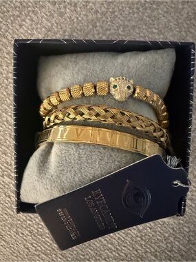 NWT Eye Candy Los Angeles Leopard 3 piece Bracelet Bangle set Gold titanium luxe